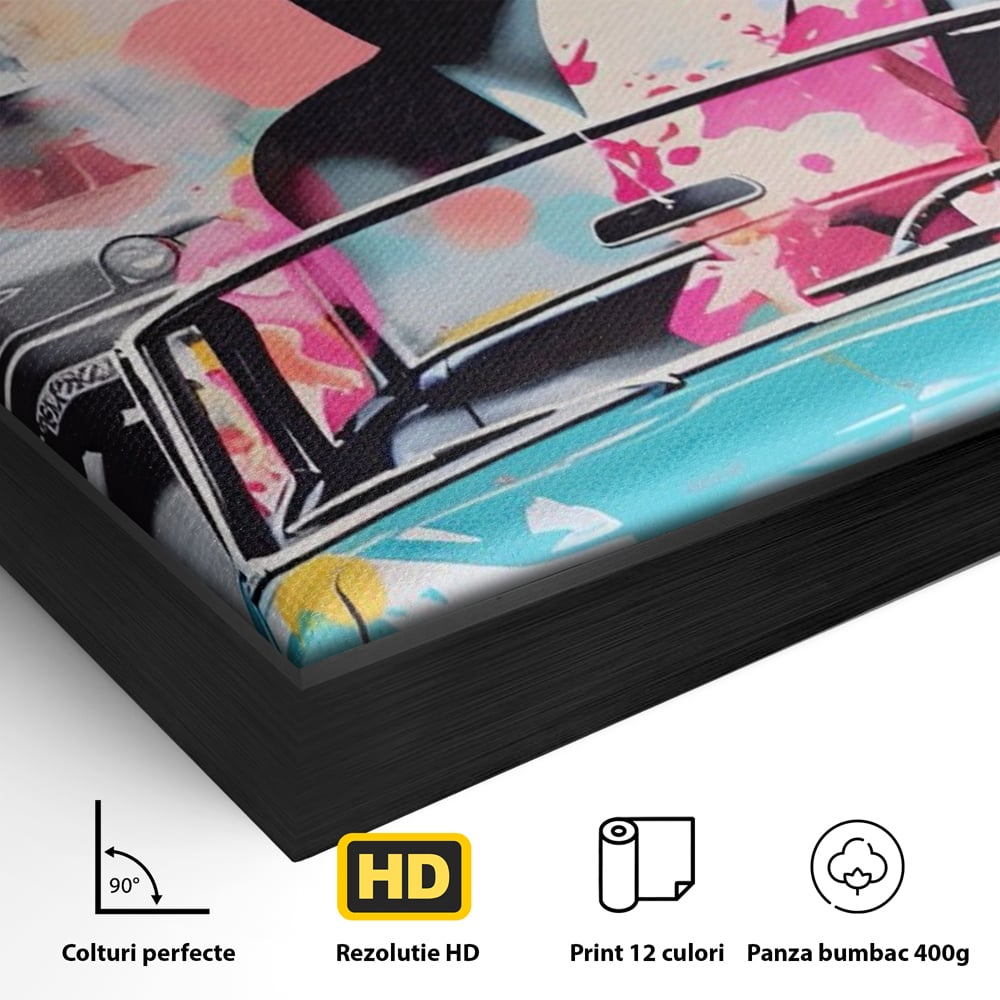 Detaliu al suprafetei: tablou canvas cu marilyn monroe si masina, in rama de aluminiu negru